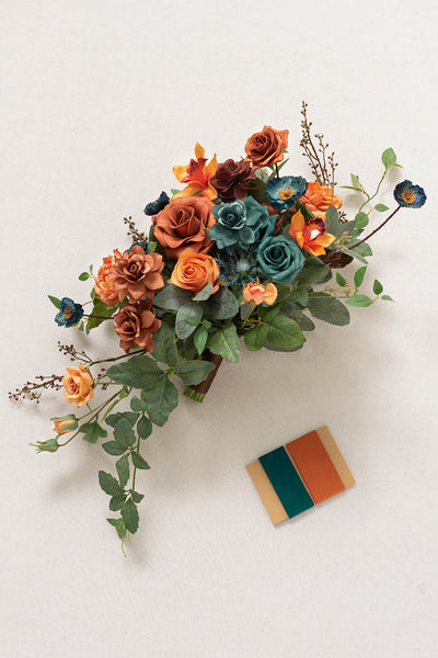 Small Cascade Bridal Bouquet in Dark Teal & Burnt Orange