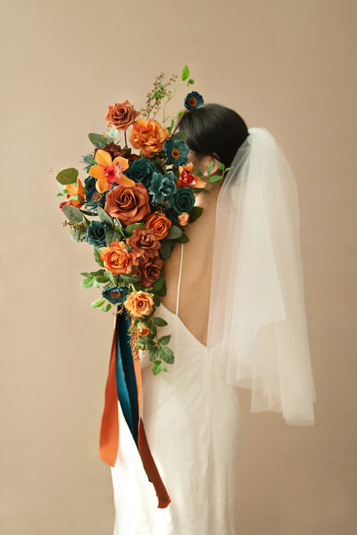 Small Cascade Bridal Bouquet in Dark Teal & Burnt Orange