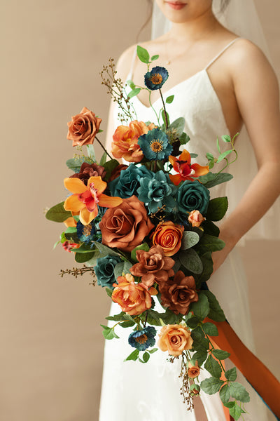 Small Cascade Bridal Bouquet in Dark Teal & Burnt Orange