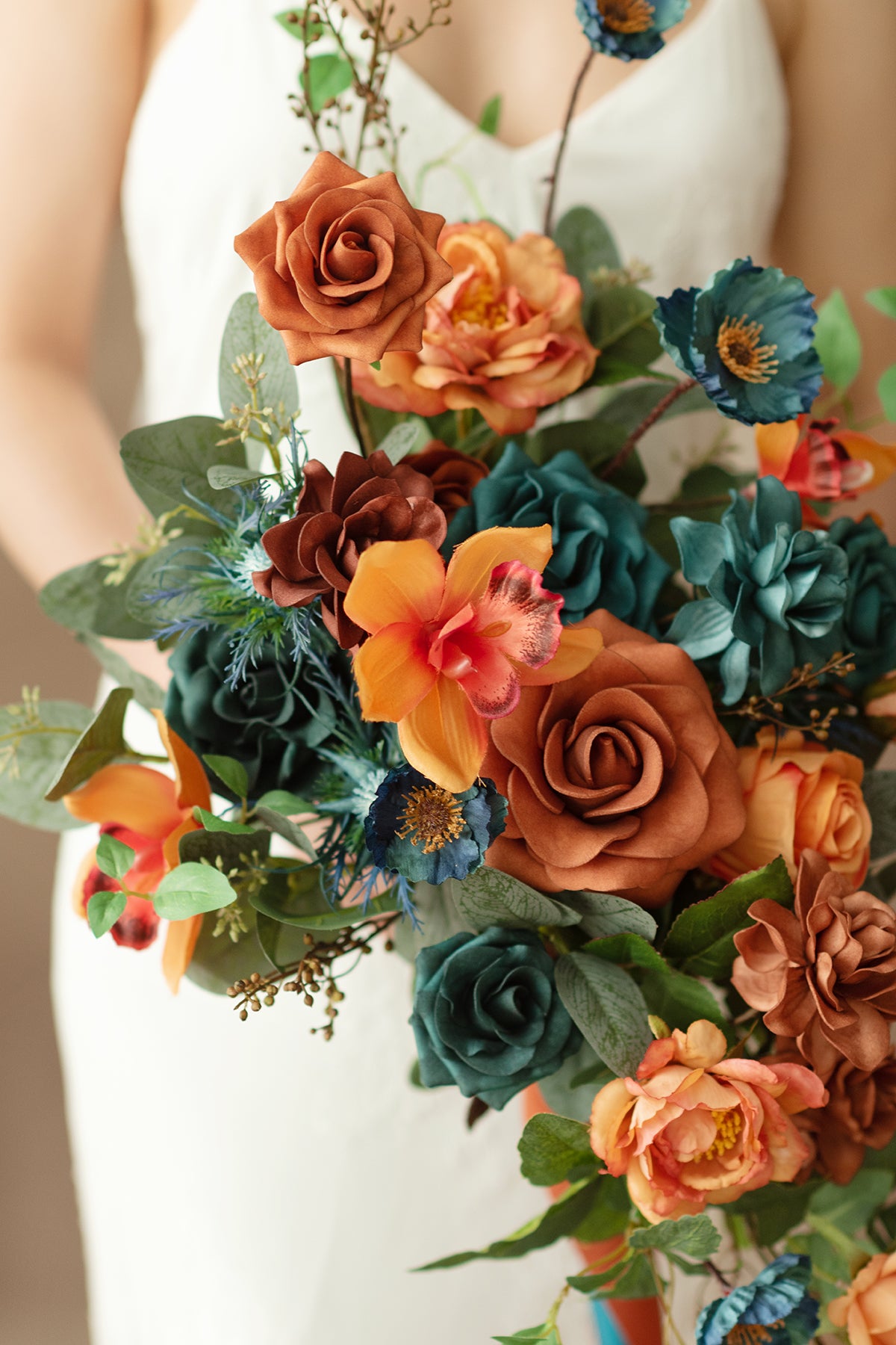 Small Cascade Bridal Bouquet in Dark Teal & Burnt Orange