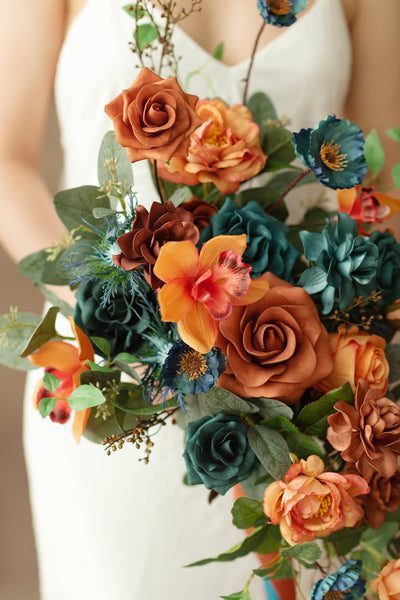 Small Cascade Bridal Bouquet in Dark Teal & Burnt Orange
