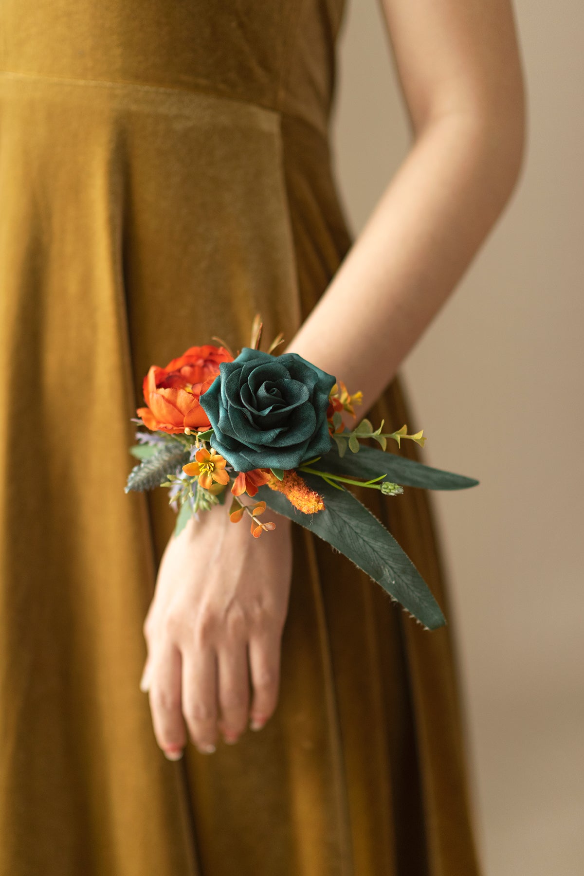 Wrist Corsages in Dark Teal & Burnt Orange