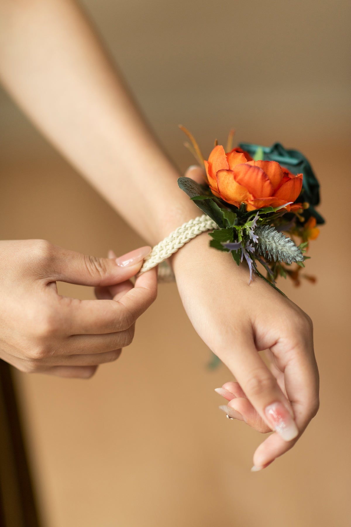 Wrist Corsages in Dark Teal & Burnt Orange