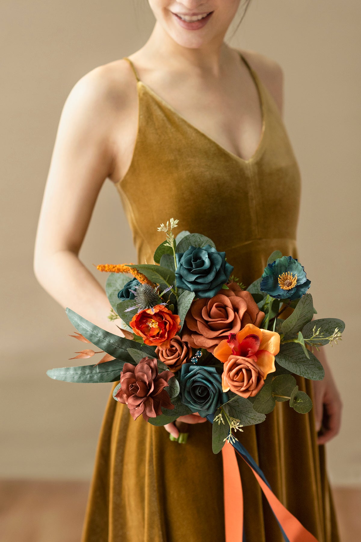 Free-Form Bridesmaid Bouquets in Dark Teal & Burnt Orange