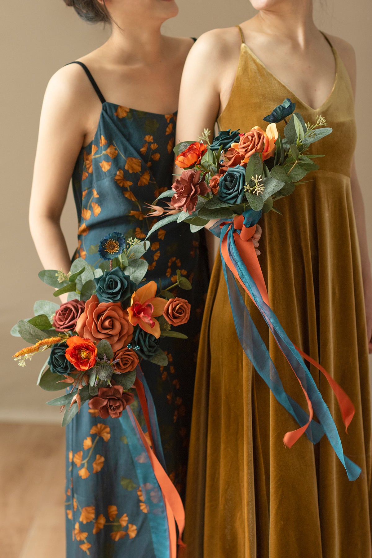 Free-Form Bridesmaid Bouquets in Dark Teal & Burnt Orange