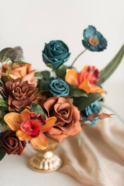 Large Floral Centerpiece Set in Dark Teal & Burnt Orange