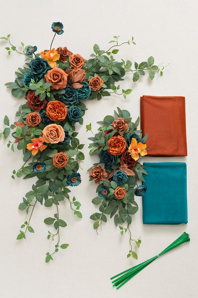 Flower Arch Decor with Drapes in Dark Teal & Burnt Orange