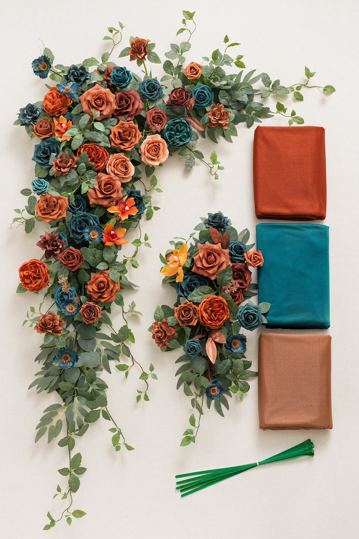 Flower Arch Decor with Drapes in Dark Teal & Burnt Orange