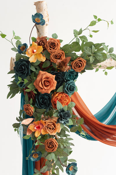 Flower Arch Decor with Drapes in Dark Teal & Burnt Orange