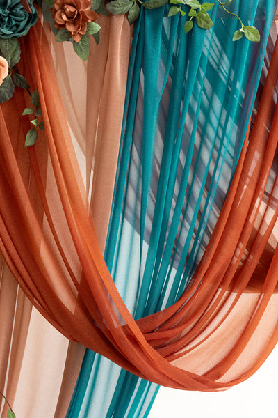 Flower Arch Decor with Drapes in Dark Teal & Burnt Orange