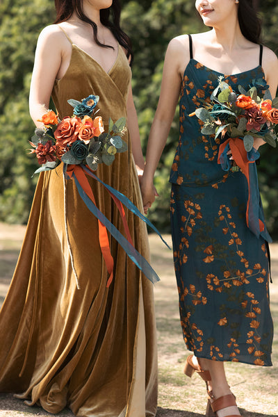 Free-Form Bridesmaid Bouquets in Dark Teal & Burnt Orange