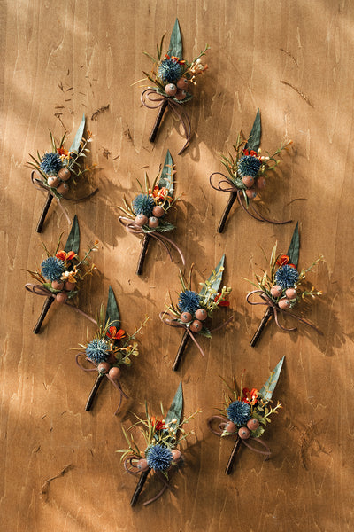 Boutonnieres for Guests in Dark Teal & Burnt Orange