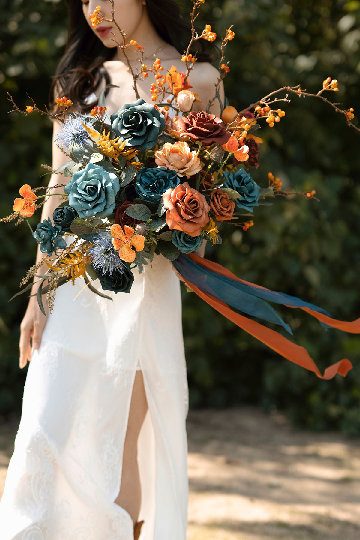 Medium Free-Form Bridal Bouquet in Dark Teal & Burnt Orange