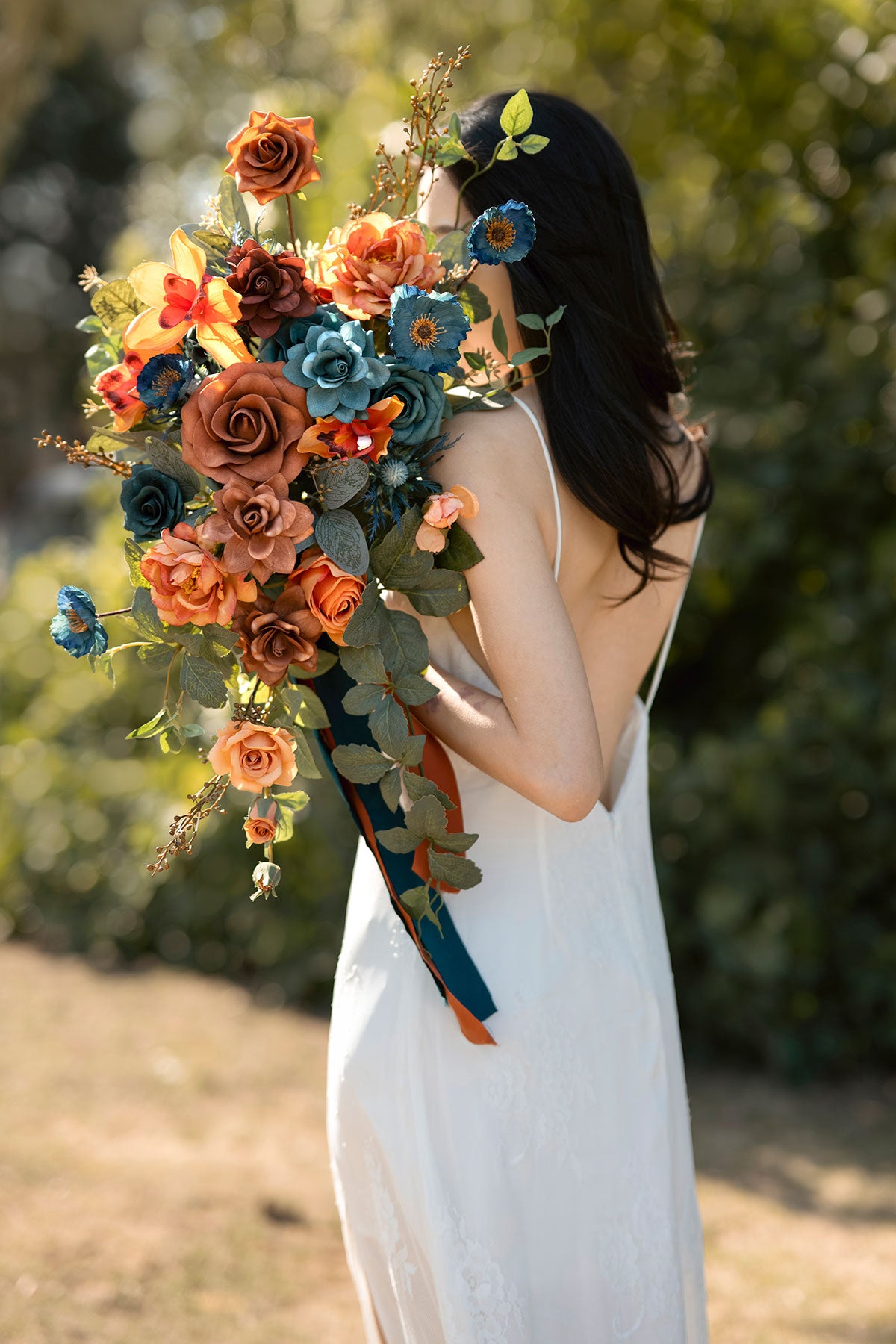 Small Cascade Bridal Bouquet in Dark Teal & Burnt Orange