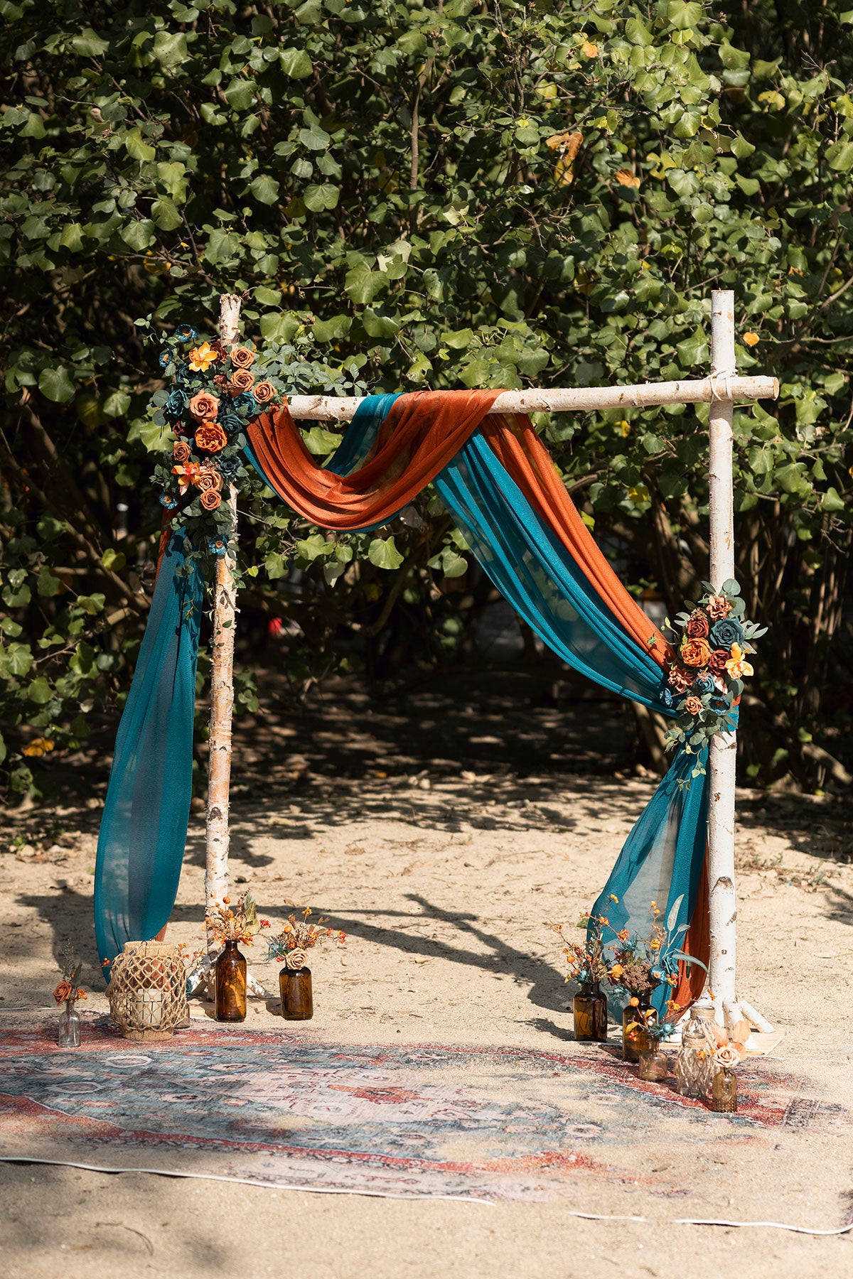 Flower Arch Decor with Drapes in Dark Teal & Burnt Orange