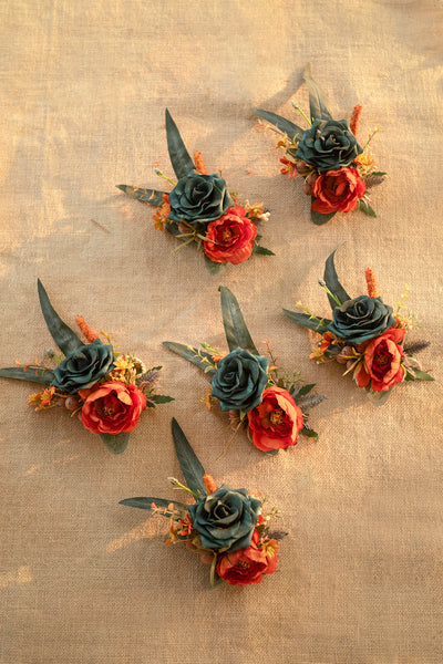 Wrist Corsages in Dark Teal & Burnt Orange