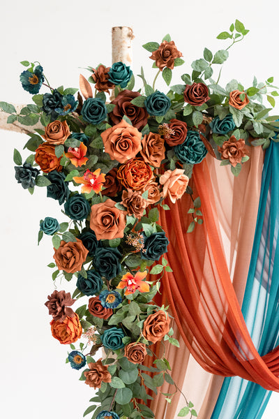 Flower Arch Decor with Drapes in Dark Teal & Burnt Orange