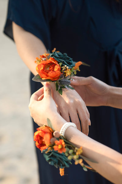 Wrist Corsages in Dark Teal & Burnt Orange