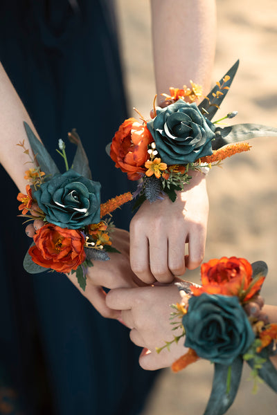 Wrist Corsages in Dark Teal & Burnt Orange