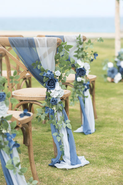 Wedding Aisle Chair Flower Decoration in Dusty Blue & Navy