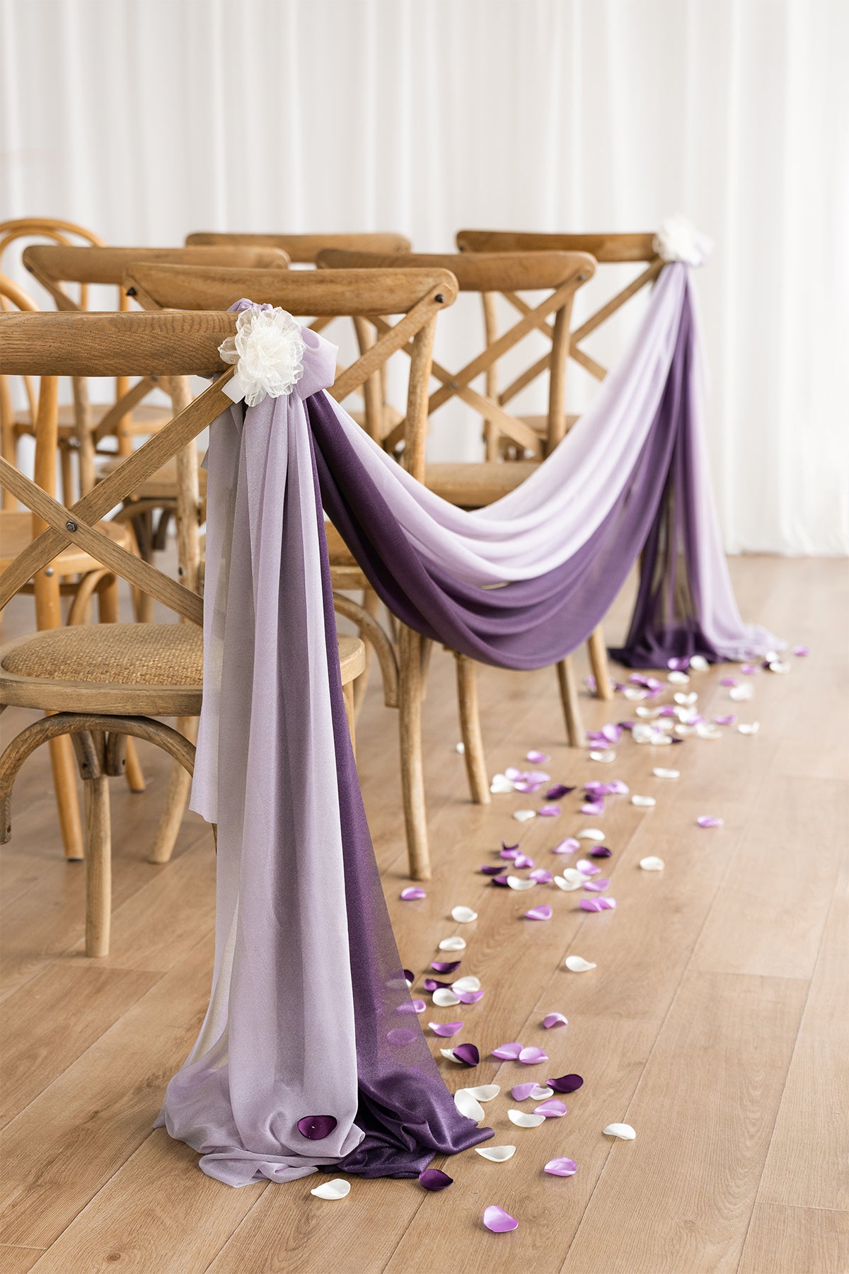 Sheer Aisle Swags for Church Wedding in Lilac & Gold