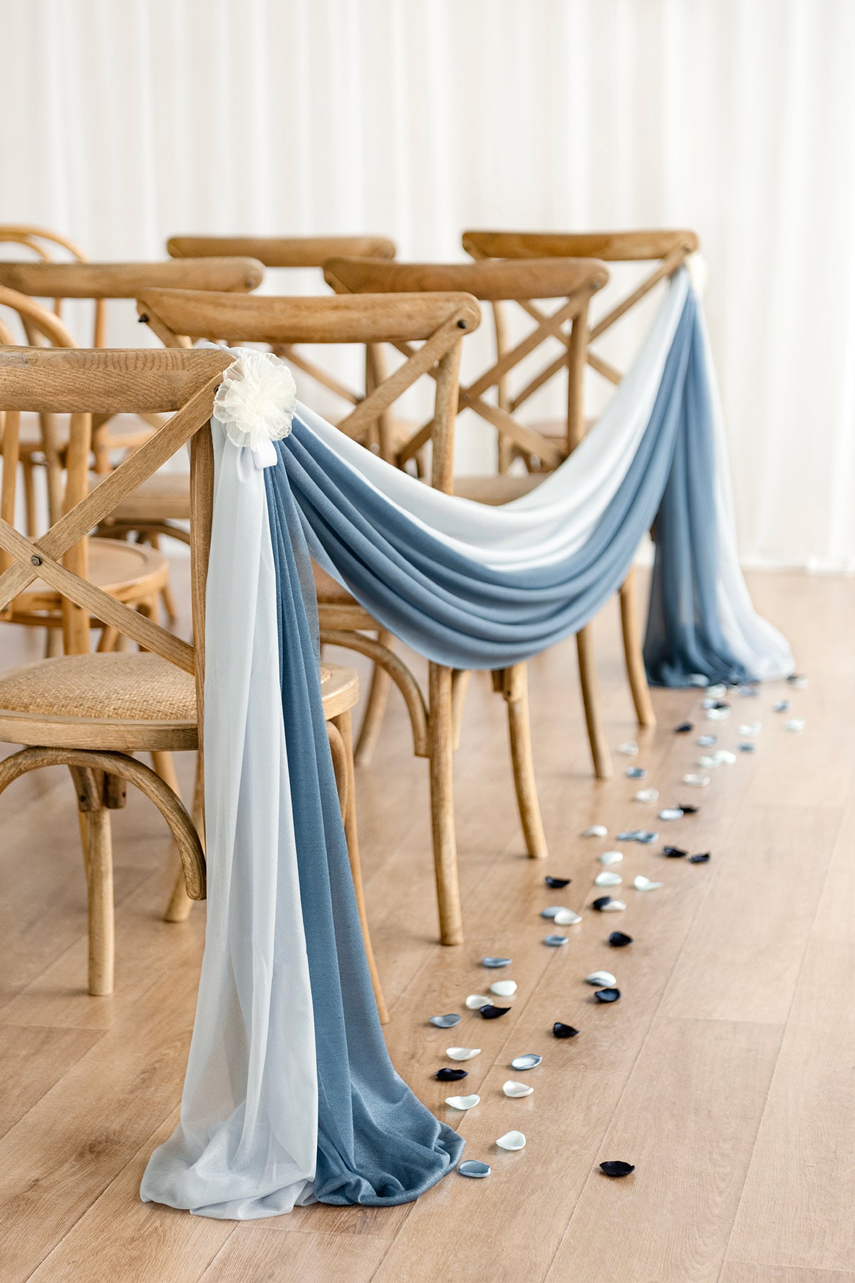Sheer Aisle Swags for Church Wedding in Dusty Blue & Navy