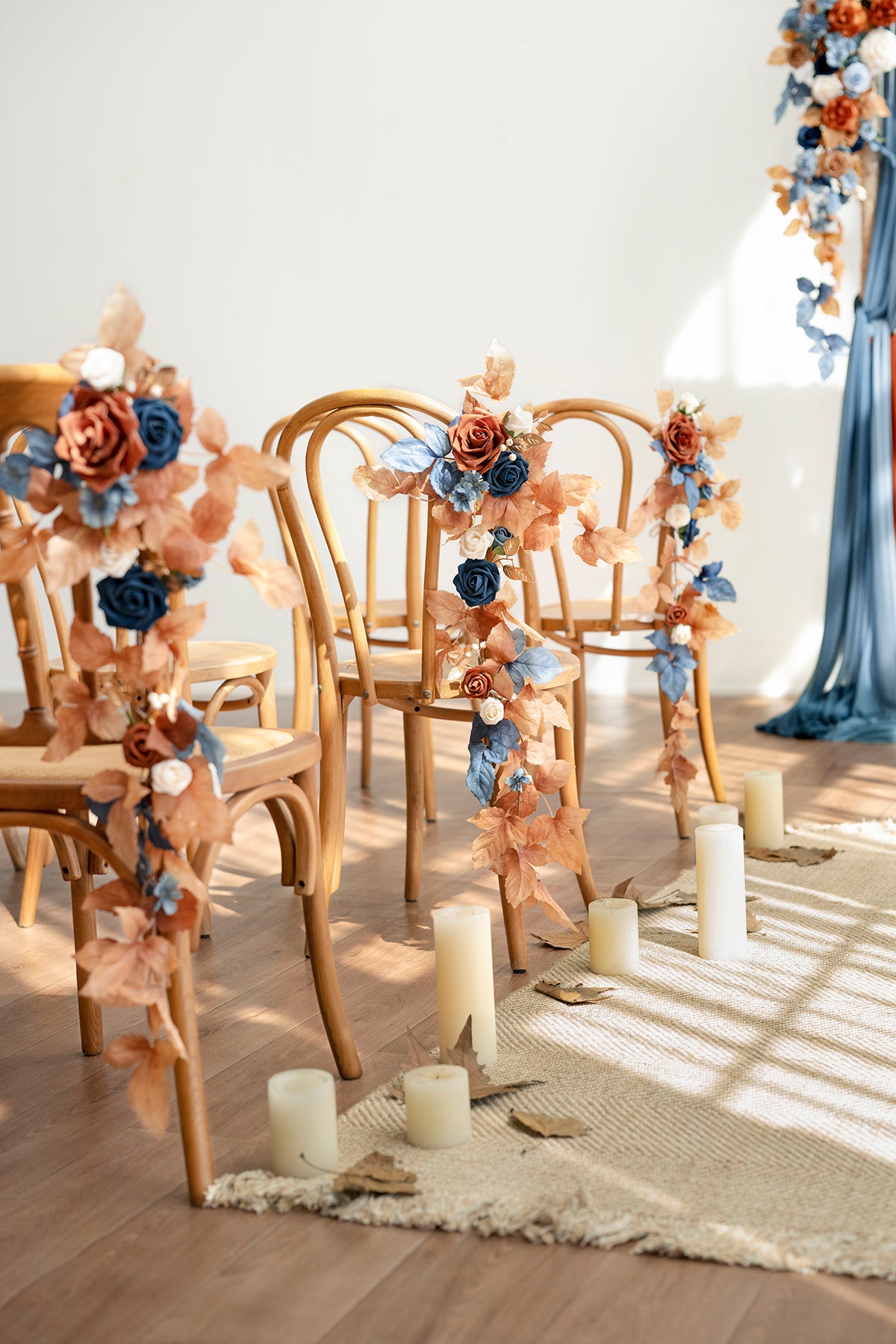 Wedding Hanging Chair Back Decoration in Russet Orange & Denim Blue