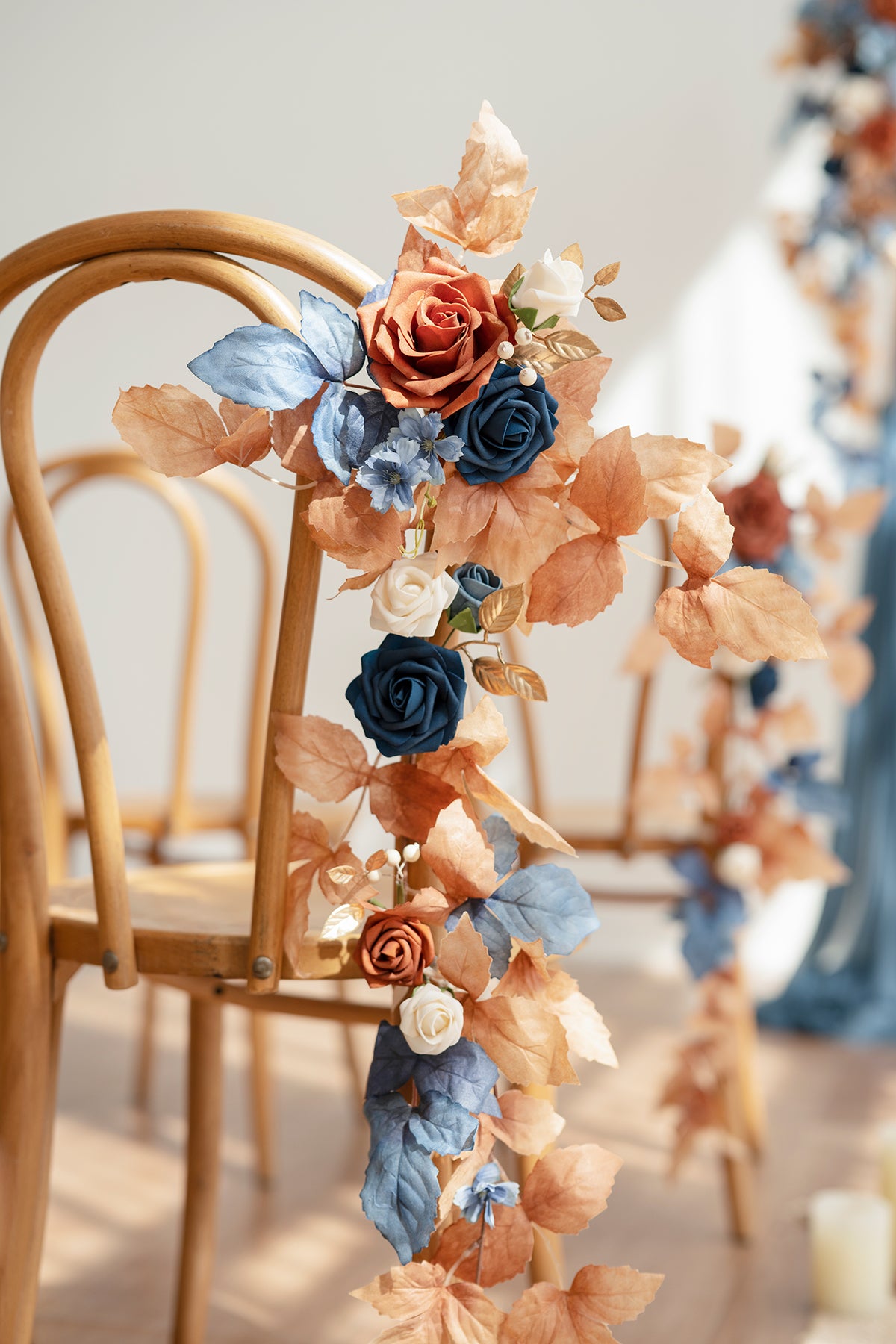 Wedding Hanging Chair Back Decoration in Russet Orange & Denim Blue